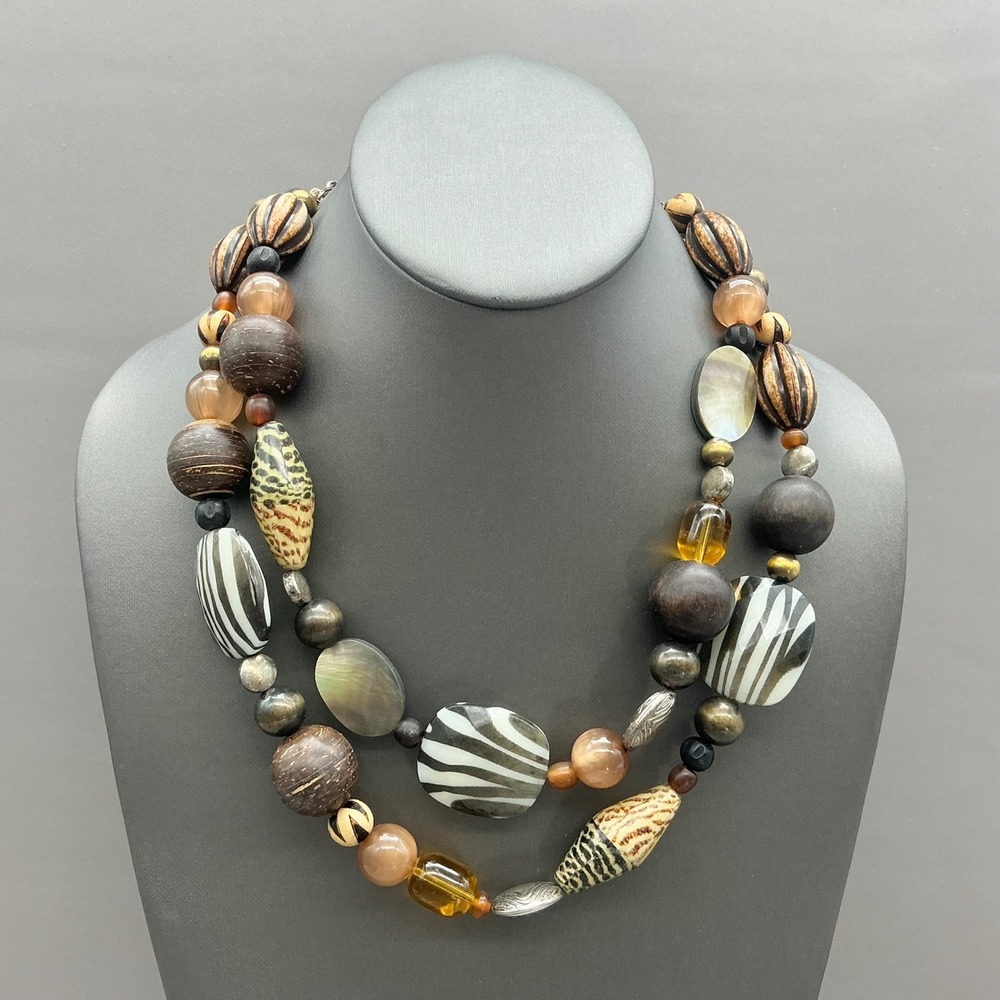 Premier Designs Necklace Women Brown Zebra Animal Print Beaded Layered Statement